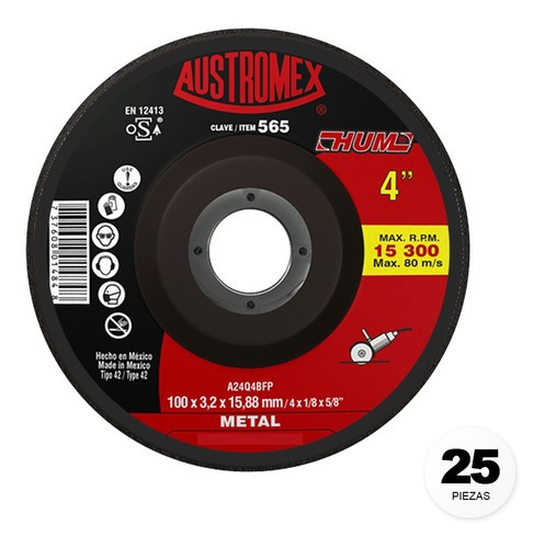 25 Discos Para Corte De Metal 565 Austromex 4 X 1/8 X 5/8 Pg