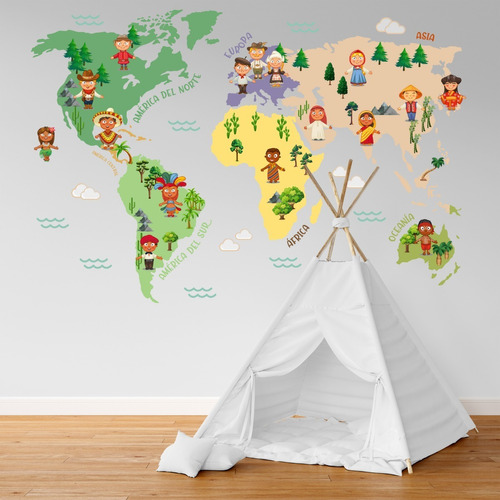 Imagen 1 de 2 de Vinilo Decorativo Infantil Mapa Niños Cultura Mundo 90x120cm