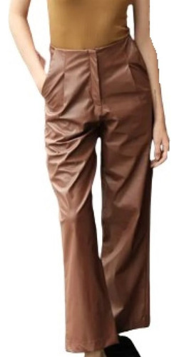 Pantalón Cuero Eco- Mujer -tiro Alto- Recto Wide Leg- Marrón