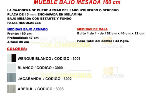 Imagen 2 de 5 de Bajo Mesada 1.60 M Wengue C/blanco O Blanco. Amplio Stock.!