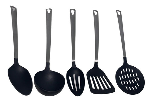 Kit Utensílios Cozinha Inox Colher Escumadeira Concha Preto