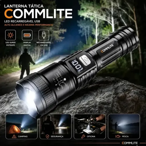 Lanterna Tática Recarregável Atualizada Led Visor Digital Zoom Telescopico ABS 3 Modos Iluminação USB Display Digital Zo
