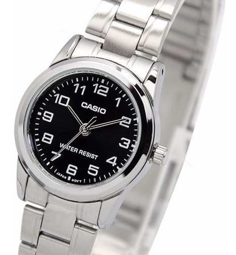 Relógio feminino Casio LTP-V001d-1b, cor de malha analógica, cor de moldura prateada, cor de fundo prateada, cor de fundo preta
