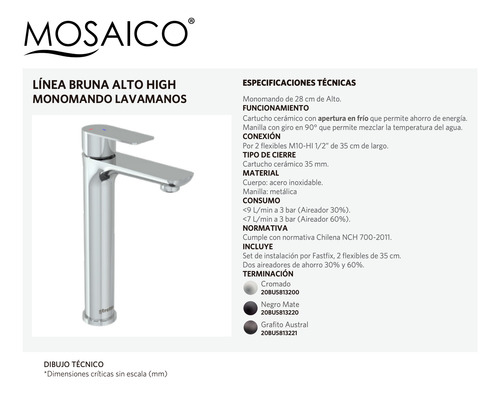 Monomando Lavatorio Llave Modelo Bruna Alto High Stretto