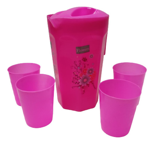 Jarra Plastica 1,3  Litro Y 4 Vasos  Del Mismo Color