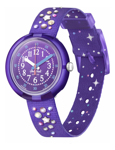 Reloj Flik Flak Stargazing Fpnp139 Correa Púrpura Bisel Púrpura Fondo Púrpura