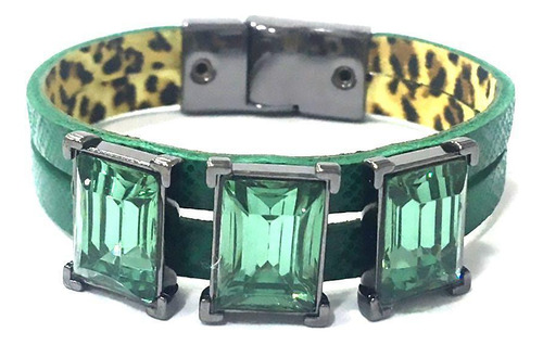 Pulseira Armazem Rr Bijoux Couro Cristais Verde