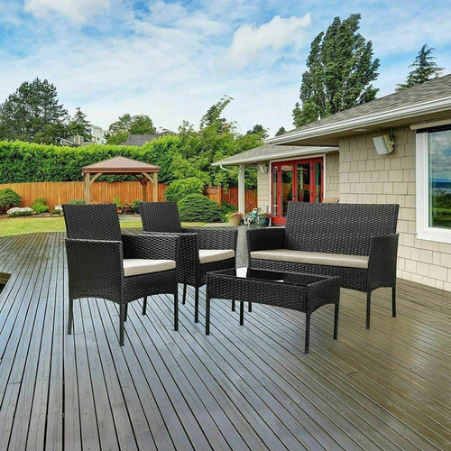 Set Juego De Jardin 4 Piezas Patio Rattan Mesa De Vidrio