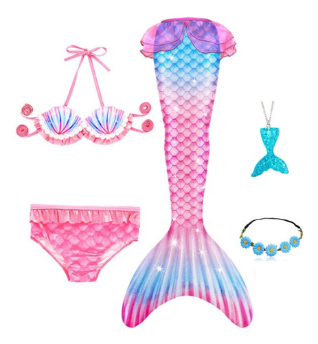 Traje De Baño Niñas Sirena Con Cola Rosado Colores 5 Piezas