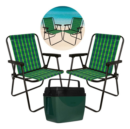 Kit Com Duas Cadeiras De Praia Xadrez Verde + Cooler 34 L