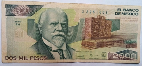 Billete Antiguo De 2000 Pesos Mexicanos Año 1989