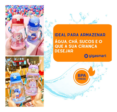 Garrafa Agua Alce Portatil Canudo Criança Infantil Adesivo Cor Azul