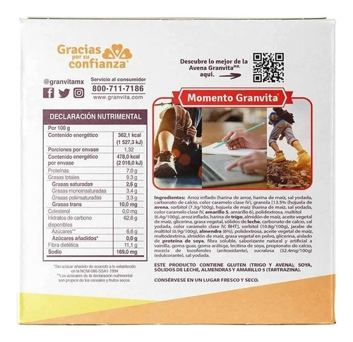4 Pzas Barras De Cereal Granvita Sabor Vainilla Con Almendra