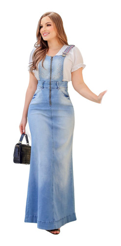 Imagem 1 de 4 de Salopete Jeans Longa Bordada Joyaly Vestido Moda Evangélica