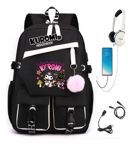 Mochila escolar de alta capacidade Kuromi Melody, cor branca 2