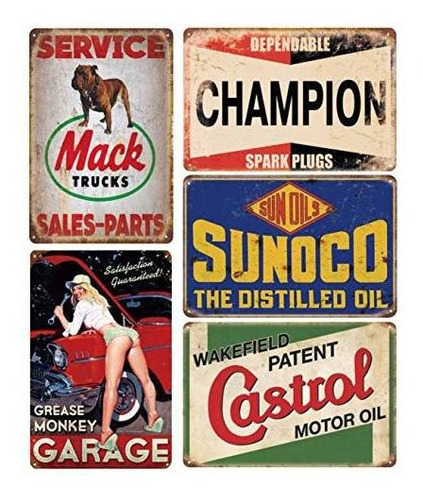 Señales - Pack Of 5 Pcs Retro Vintage Advert Tin Signs, Gas 