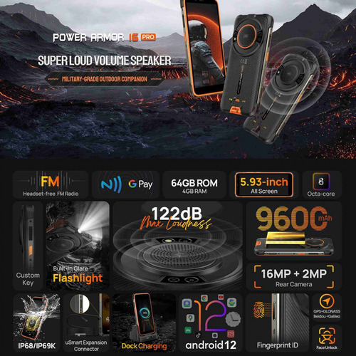 Armor 16 Pro - Celular Resistente Al Agua, Polvo Y Golpes