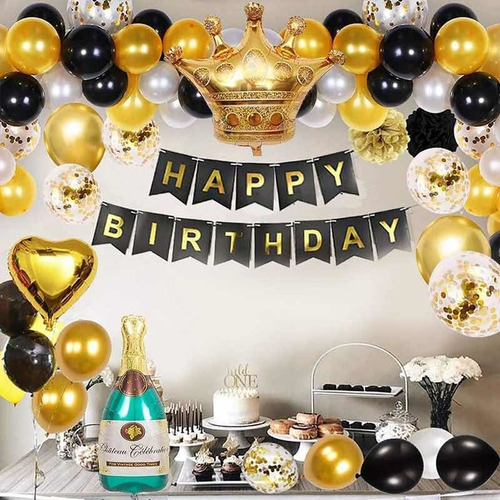 Arco Globos Orgánico Fiesta Banderín Happy Birthday Dorado