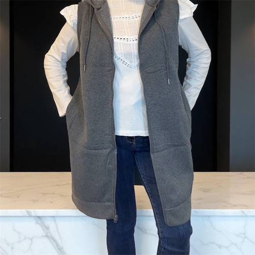 Chaleco Dama Largo Sin Mangas Capucha Bolsillos Casual Moda