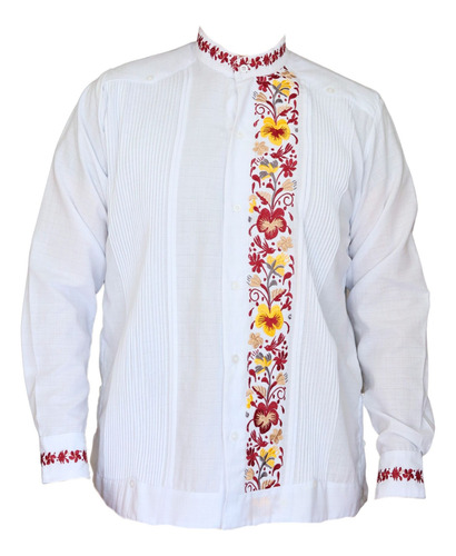 Guayabera Yucateca Modelo Colibrí Bordado Vino En Lino Flame
