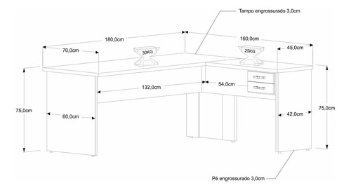 Imagem 4 de 6 de Mesa Para Escritório Em L 1,80x1,60m Tampo E Pés 30mm C/gav.