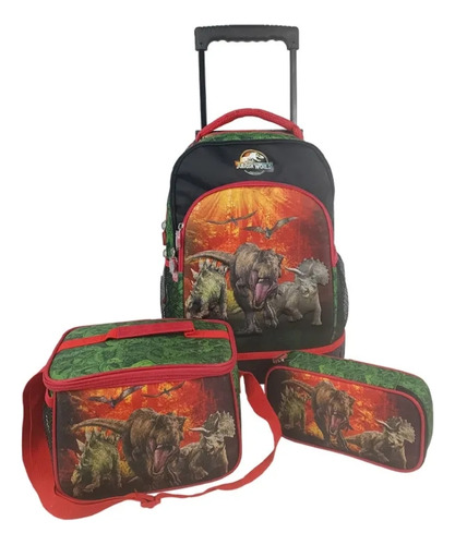 Set Mochila Ruedas Jurassic + Lonchera+ Cartuchera Scool 