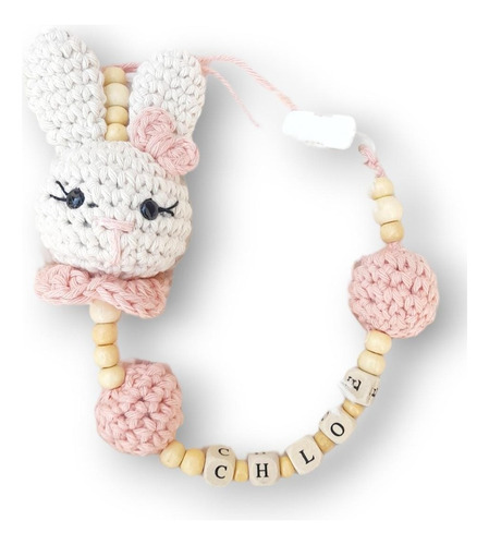 Porta Chupete Personalizado Conejita En Crochet Con Nombre 