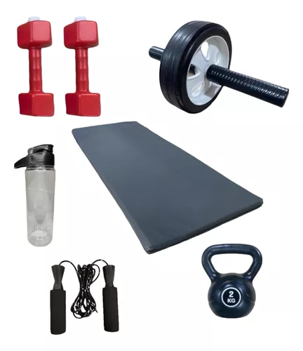 Kit Entrena Colchoneta Pesas Rueda Banda Soga Tobilleras Gym