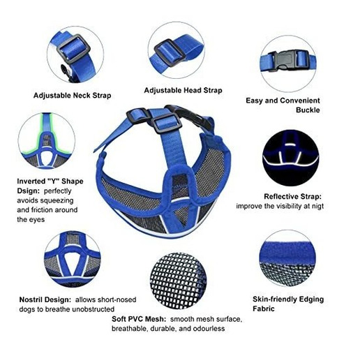 Imagen 2 de 11 de Bozal Para Perro De Hocico Corto Ajustable De Malla Xl Azul