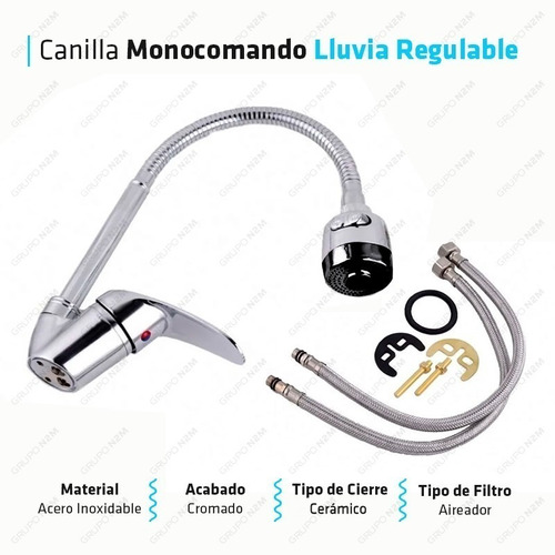 Imagen 2 de 10 de Canilla Griferia Monocomando Lluvia Flexible Diseño Cocina