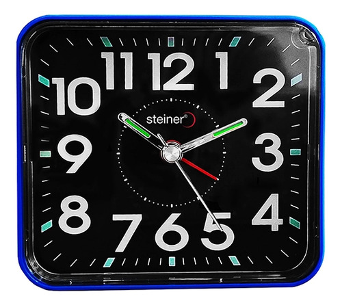 Reloj Despertador Análogo Cuadrado Steiner Con Luz Led 9 Cm Color Azul