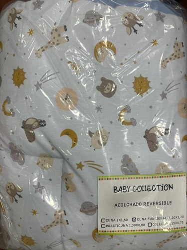 Acolchado Reversible Cuna Funcional Baby Collection Color Celeste Diseño De La Tela Animalitos Nocturnos
