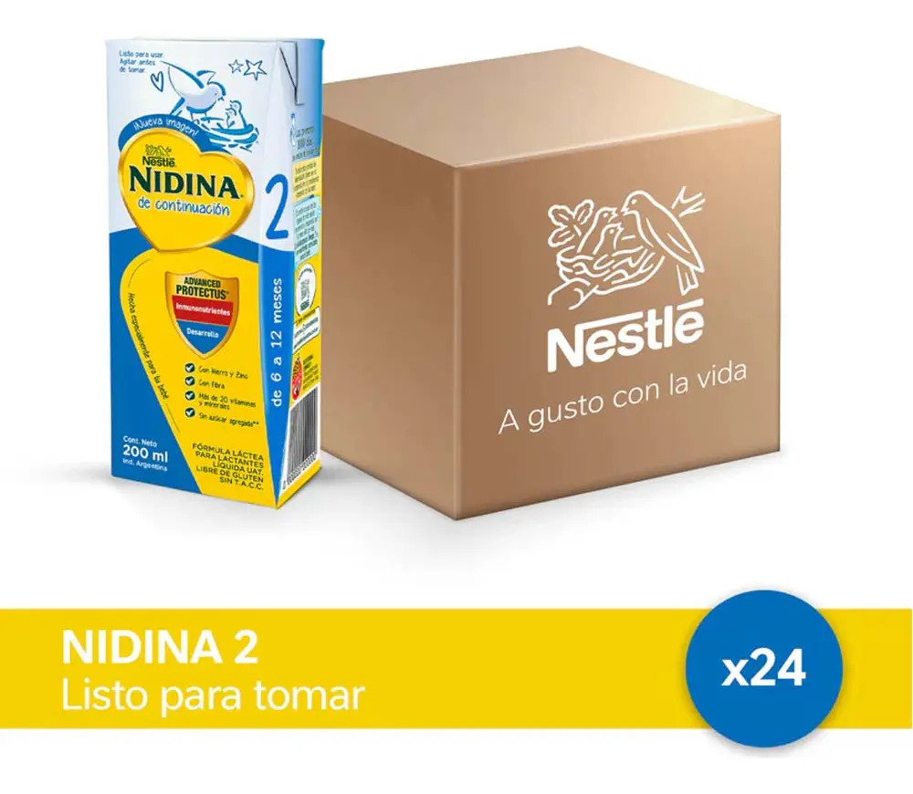 Pack x 24 Leche líquida Nidina 2 sin gluten Nestlé 200mL 6-12 meses