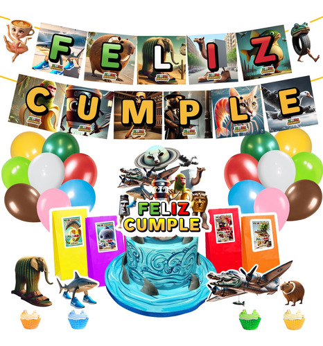 Globos+ Accesorios+ 30 Bolsitas+ Stickers Italian Brainrot Rojo Italian Brainrot Feliz Cumpleaños