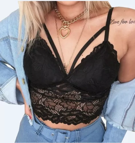 Cropped Top Blusa Feminina Sutiã Renda Strappy Tiras Bojo