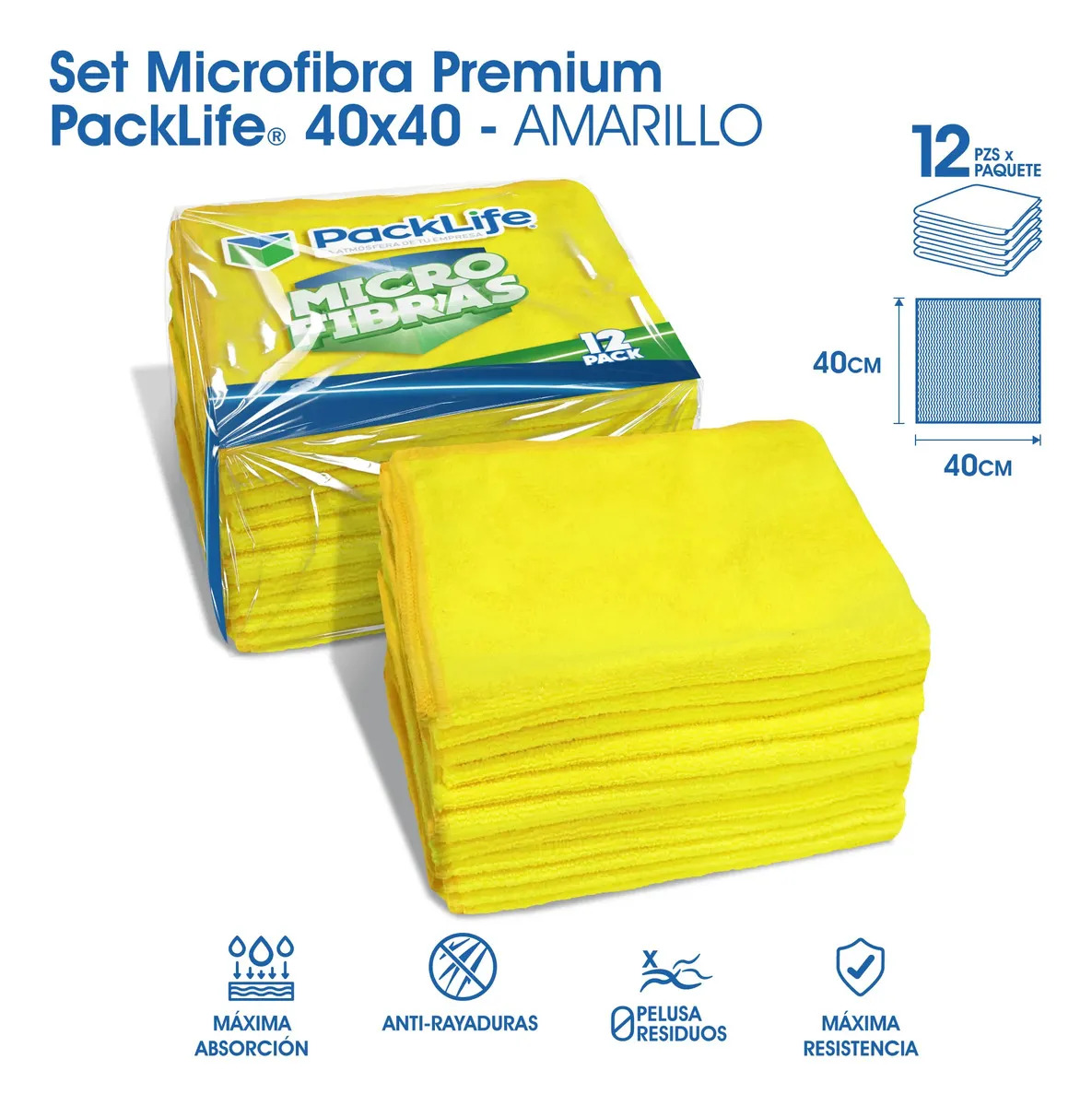 Paño De Microfibra Multiusos 40x40 Paq Con 12 Pzas, Packlife Color Amarillo