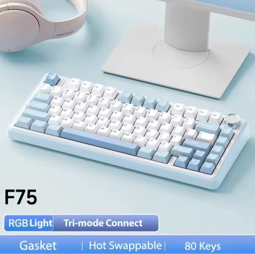 Teclado Aula F75 Sem Fio Mecânico Tri Mode 80 Teclas Azul-claro Português Brasil