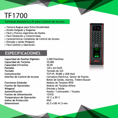 Terminal Biométrica Ip Para Control De Acceso Zkteco Tf1700