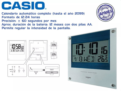 Reloj Casio Id-11s De Pared y Escritorio Con Termometro Fecha y Dia Estructura Plateada Fondo Azul Numeros Extra Grandes