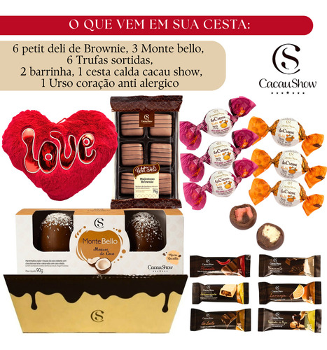 Cesta Cacau Show Chocolate Presente Coração Esposa Marido