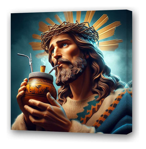 Cuadro 60x60cm Jesus Tomando Mate Venecitas Arte Yerba