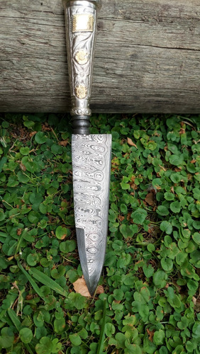 Cuchillo Criollo De Acero Damasco,cabo Plata Y Oro