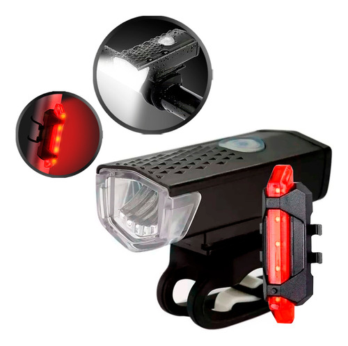 Kit Bike Farol Lanterna Sinalizador Recarregável Usb K131 Cor Preto