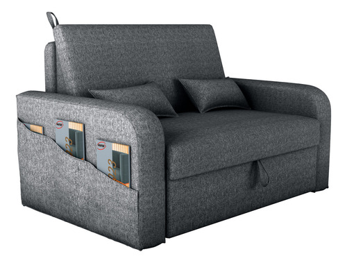 Sofá Cama Versátil 2 Lugares Para Sala De Descanso Com Encosto Reclinável E Báu Organizador Linho Cinza