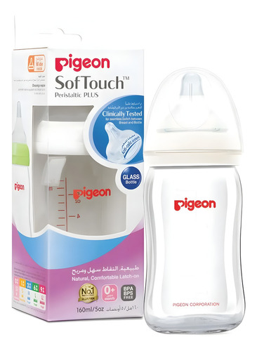 Mamadera Pigeon Softouch Vidrio Boca Ancha 160ML. Para Edades 0+ Meses Blanco
