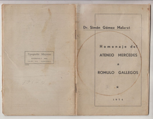 1954 Soriano Homenaje A Romulo Gallegos Simon Gomez Malaret