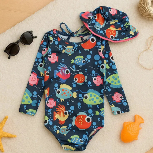 Kit Biquini Maio Chapeu Bebe Infantil Proteção Uv 50+ Cor Azul Desenho do tecido Peixinhos Tamanho 12-18 M