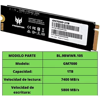 Memoria Ssd Predator Gm7000 1tb M.2 Gen4x4 Nvme Bl.9bwwr.105