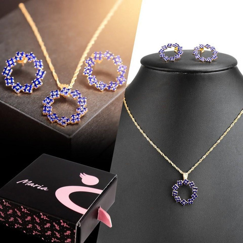 Kit Feminino Colar Brinco Pingente Dourado Strass