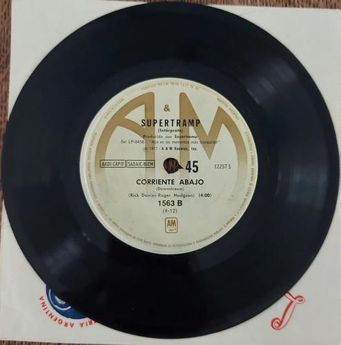 Disco Simple. Supertramp. Dame Un Poquito / Corriente Abajo (Usado)